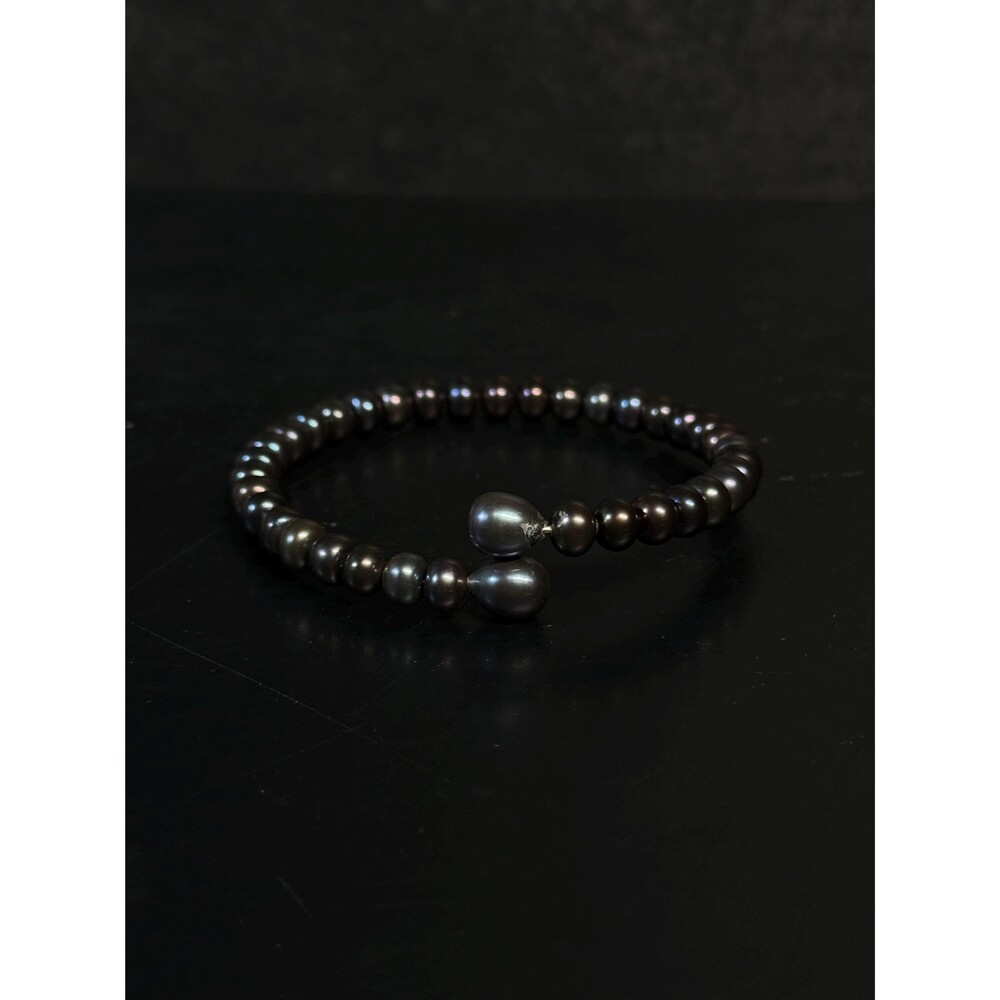 Black Freshwater Pearl Bangle Bracelet Steel Memory Wire Size 5.5